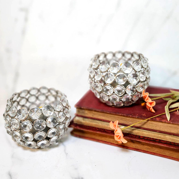 Set of 2 PartyLite Clear Acrylic Bead Round Candle Holders Multifaceted Lighting - Picture 1 of 4